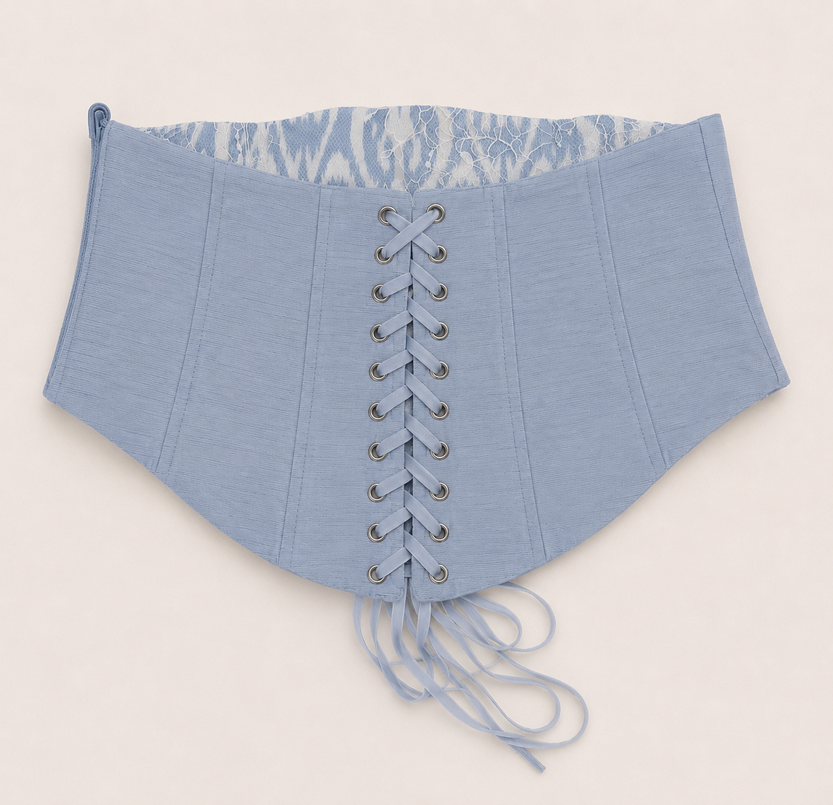 Sadri Couture Marvorid Waist Corset in blue reversible ikat lace, alternate front view.