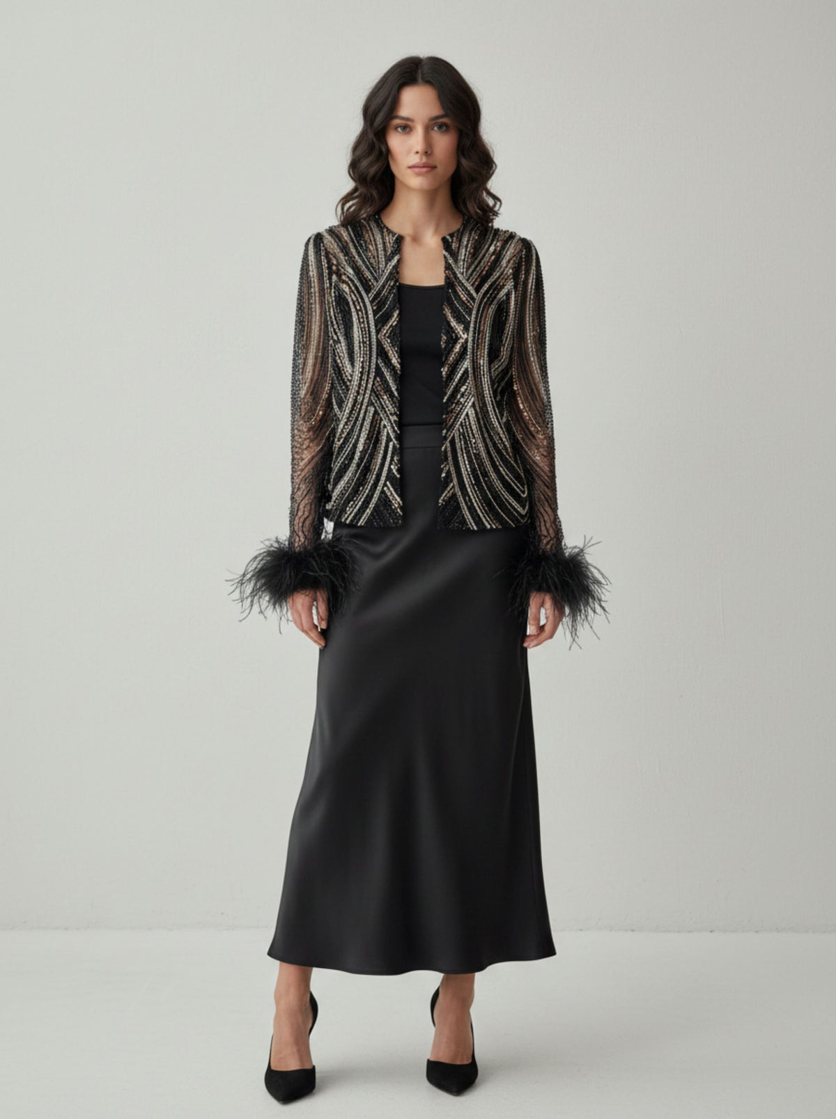 Sadri Couture Lumina Jacket with hand-applied beadwork and sequins, front view.
