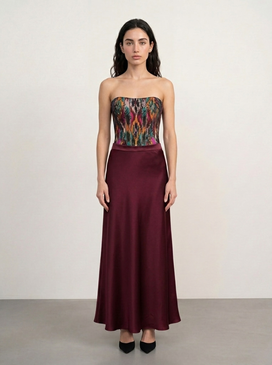 Sadri Couture Pari Skirt, a bias-cut crepe-back satin skirt, front view.