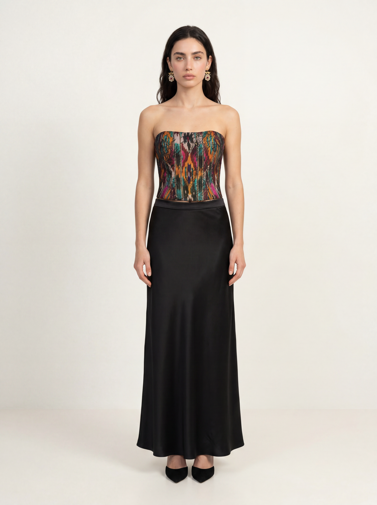 Sadri Couture Pari Skirt, a bias-cut crepe-back satin skirt, alternate front view.