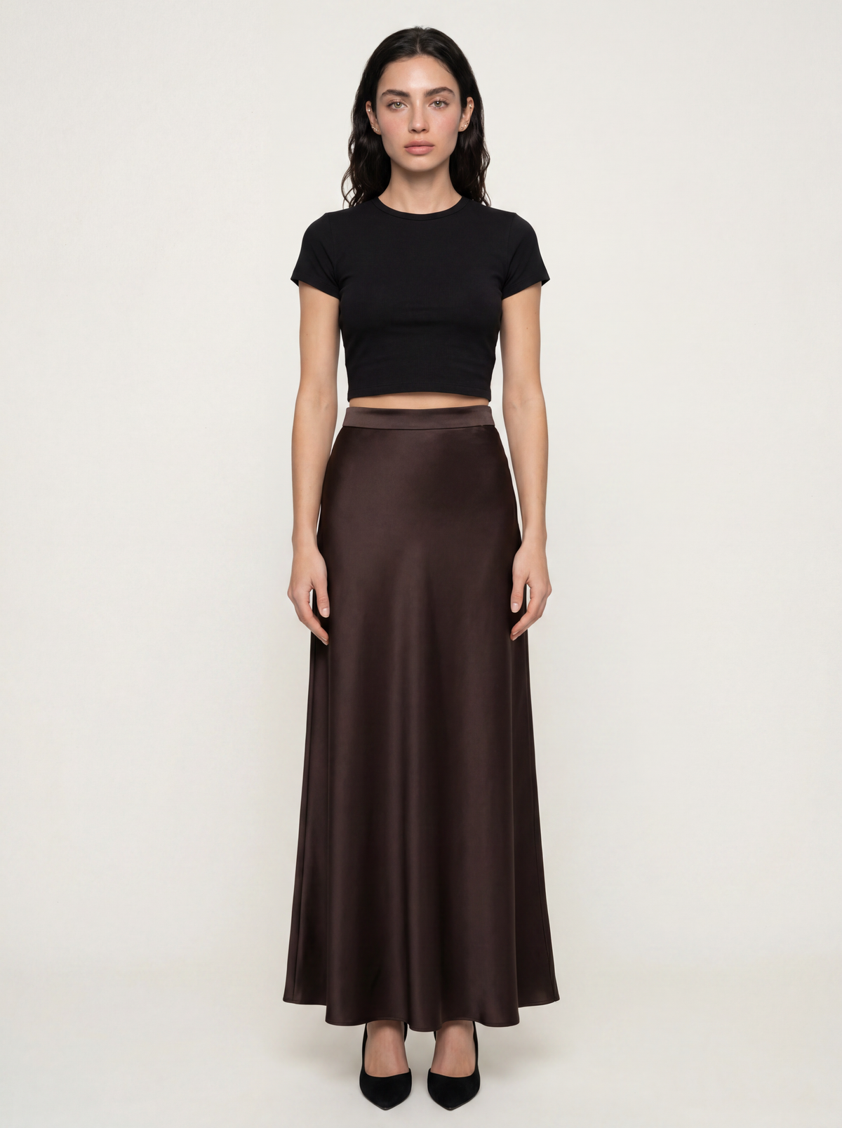 Sadri Couture Pari Skirt, a bias-cut crepe-back satin skirt, styled lifestyle photo.