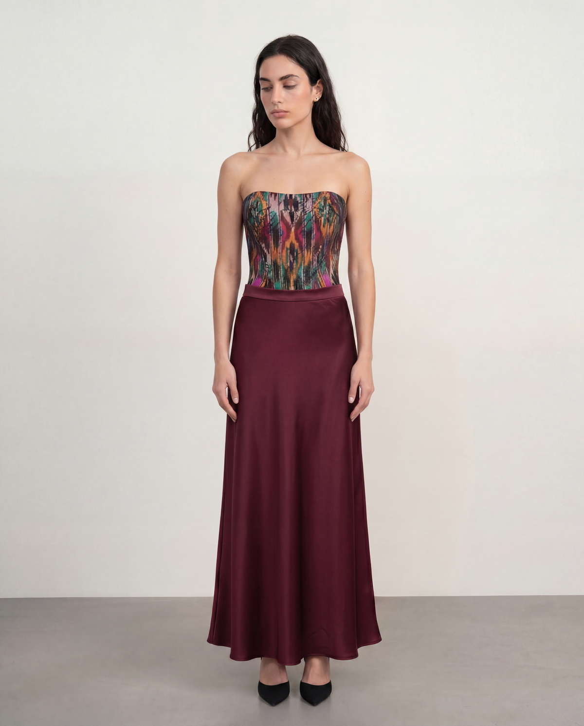 Sadri Couture Pari Skirt, a bias-cut crepe-back satin skirt, side detail view.