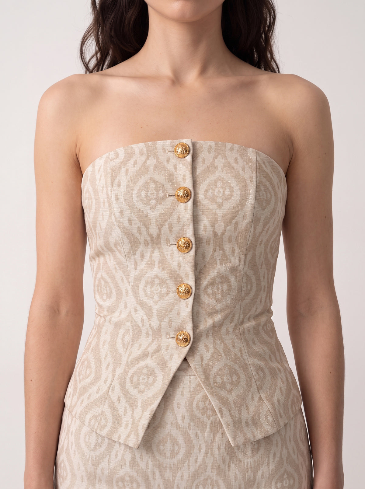 Sadri Couture Noor Ikat Corset, a sculpted tailored corset, back view.