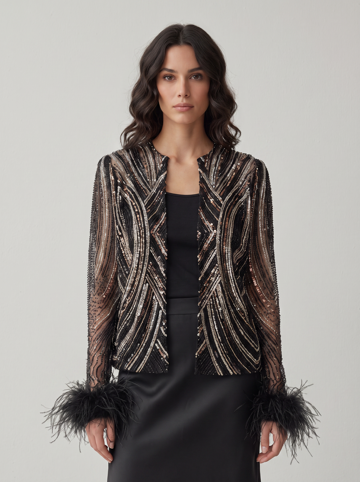 Sadri Couture Lumina Jacket with hand-applied beadwork and sequins, back view.