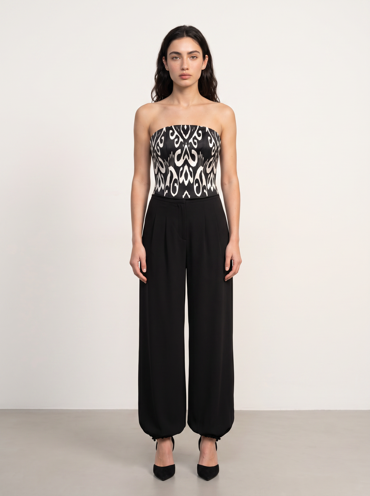 Sadri Couture Roya Pants, tailored crepe-back satin trousers, front view.