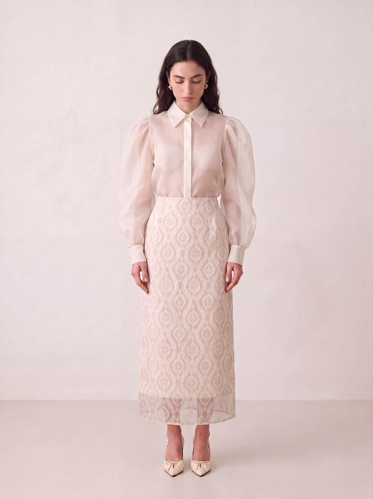 Sadri Couture Noor Ikat Skirt with sheer organza overlay, back view.