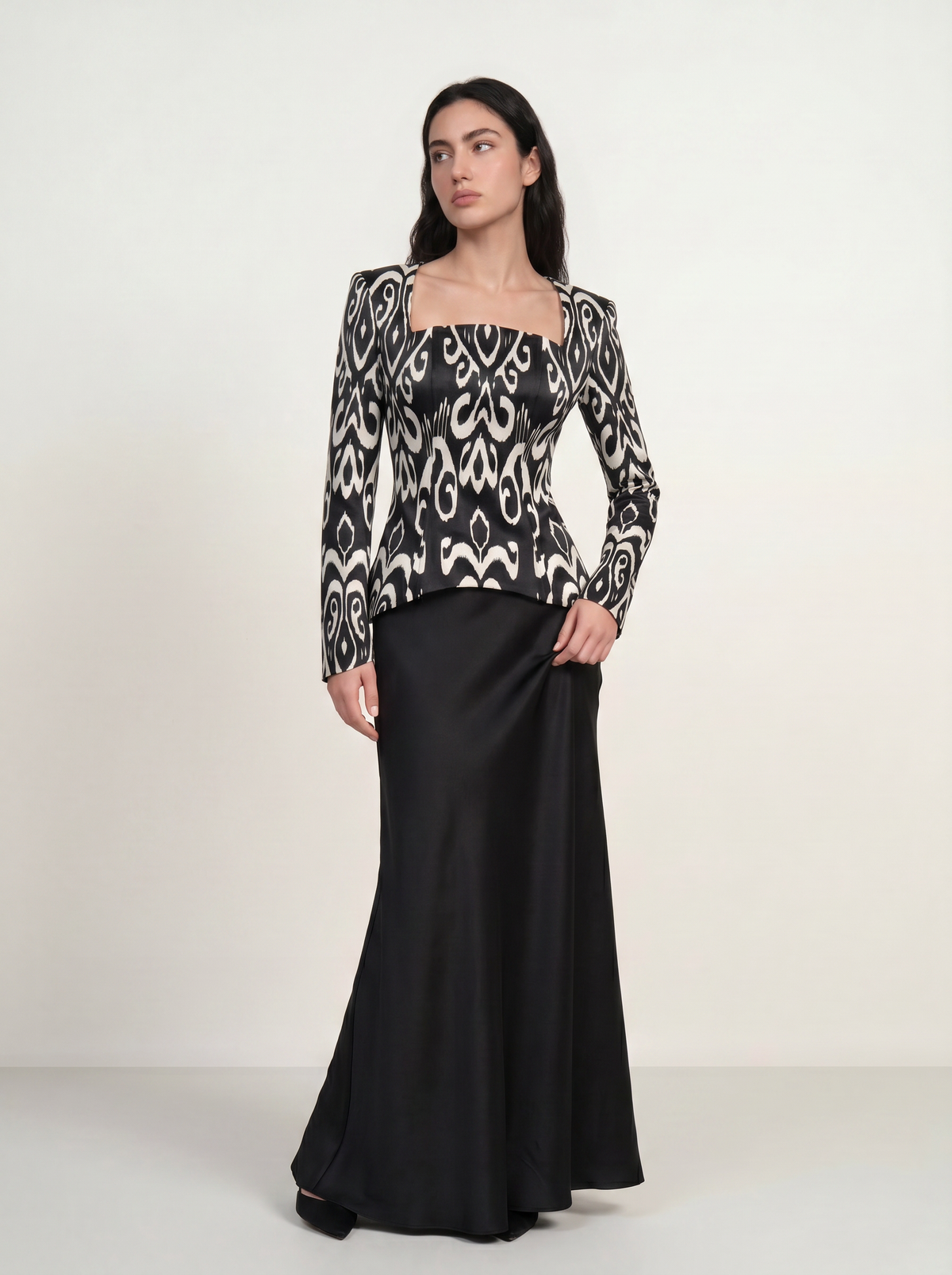Sadri Couture Marvorid Top, an ikat-print structured top with a square neckline, side detail view.