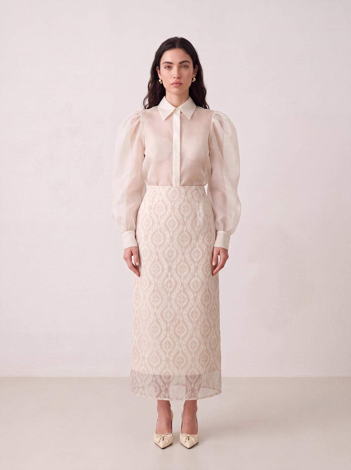 Sadri Couture Noor Ikat Skirt with sheer organza overlay, front view.