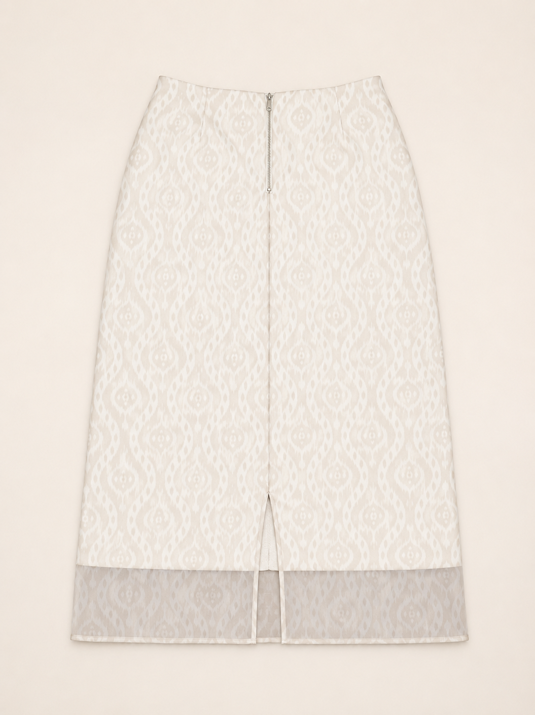 Sadri Couture Noor Ikat Skirt with sheer organza overlay, full-length styled photo.