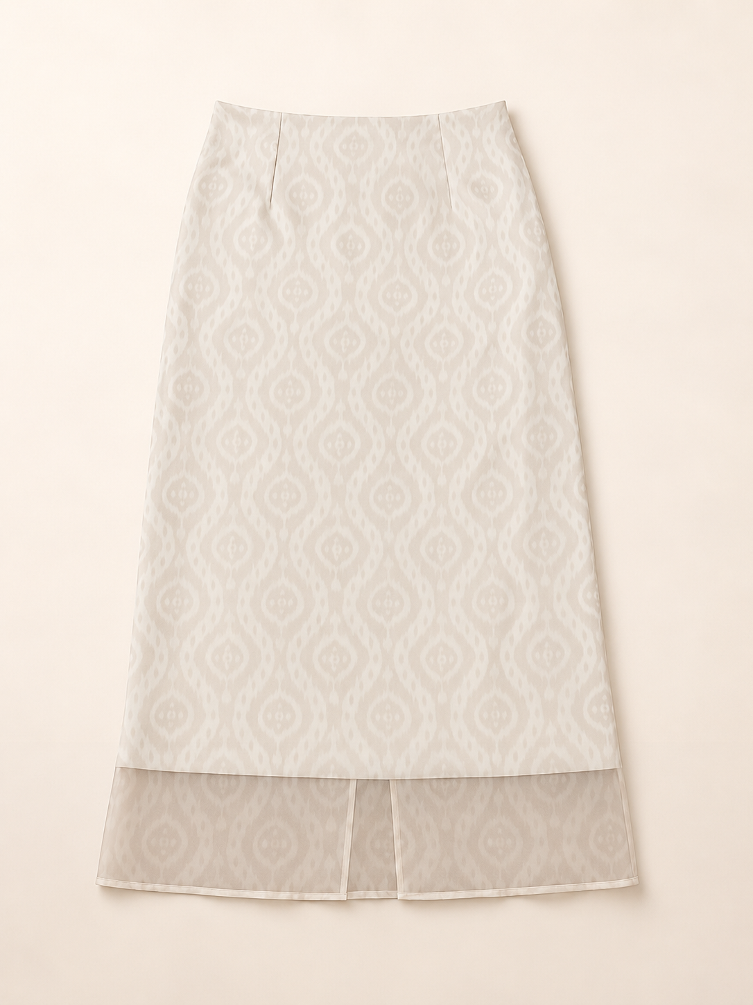 Sadri Couture Noor Ikat Skirt with sheer organza overlay, close-up of construction detail.