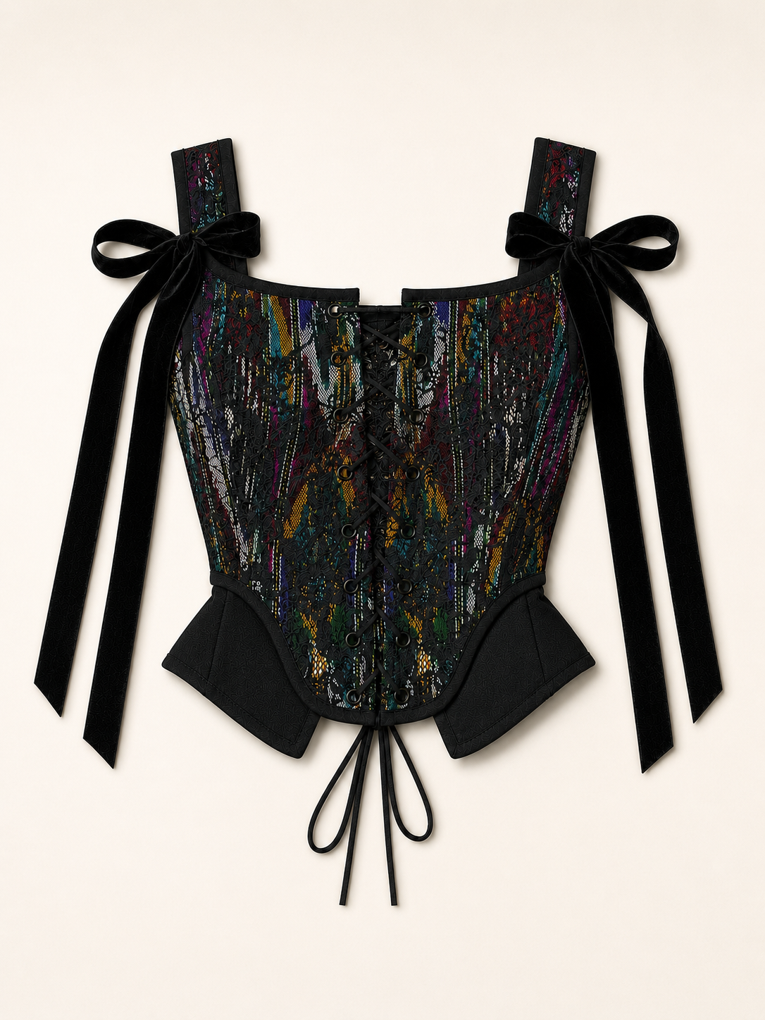 Sadri Couture Vintage Atlas Lace Corset in ikat atlas with French lace, styled lifestyle photo.