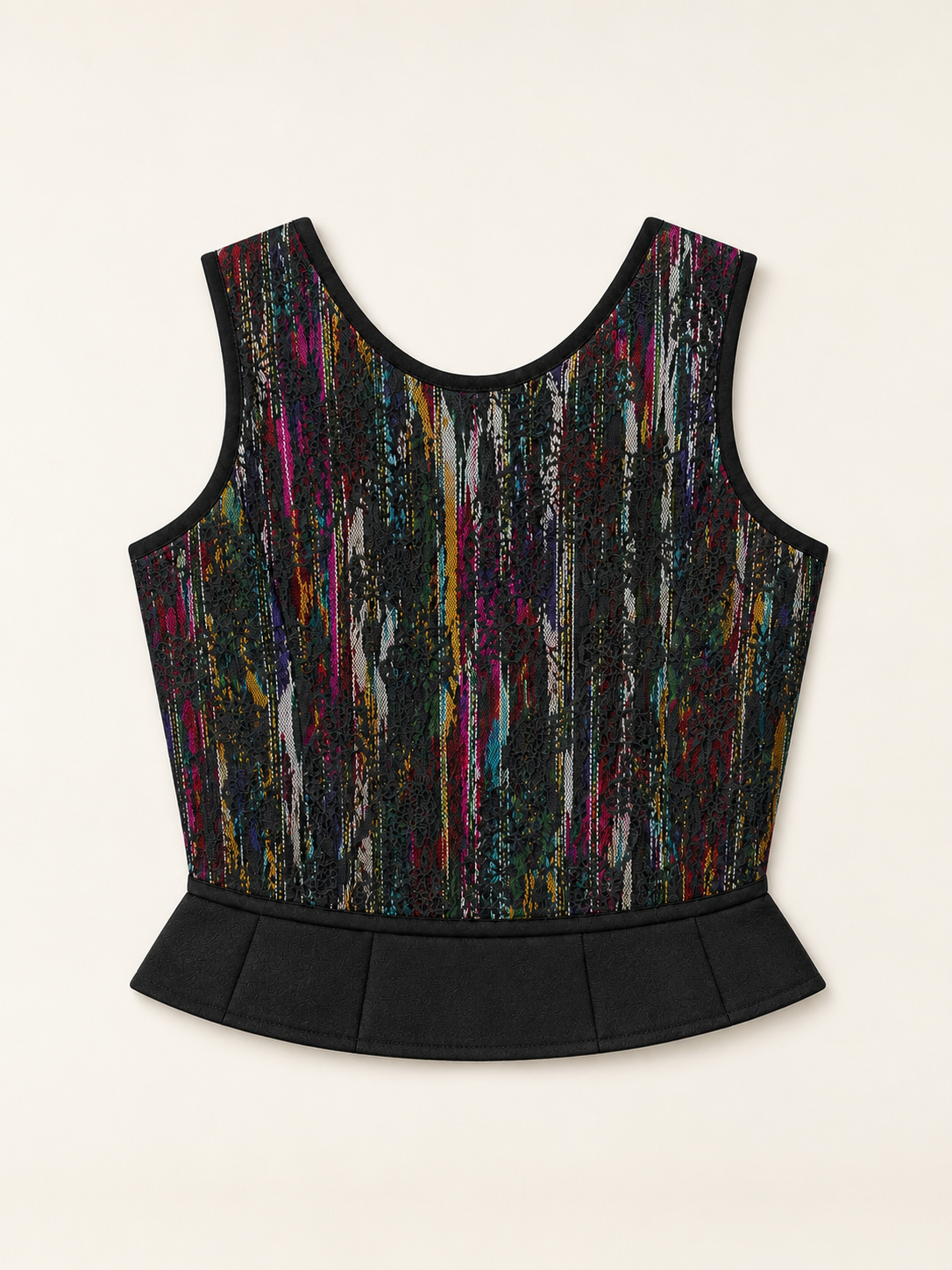 Sadri Couture Vintage Atlas Lace Corset in ikat atlas with French lace, close-up of construction detail.