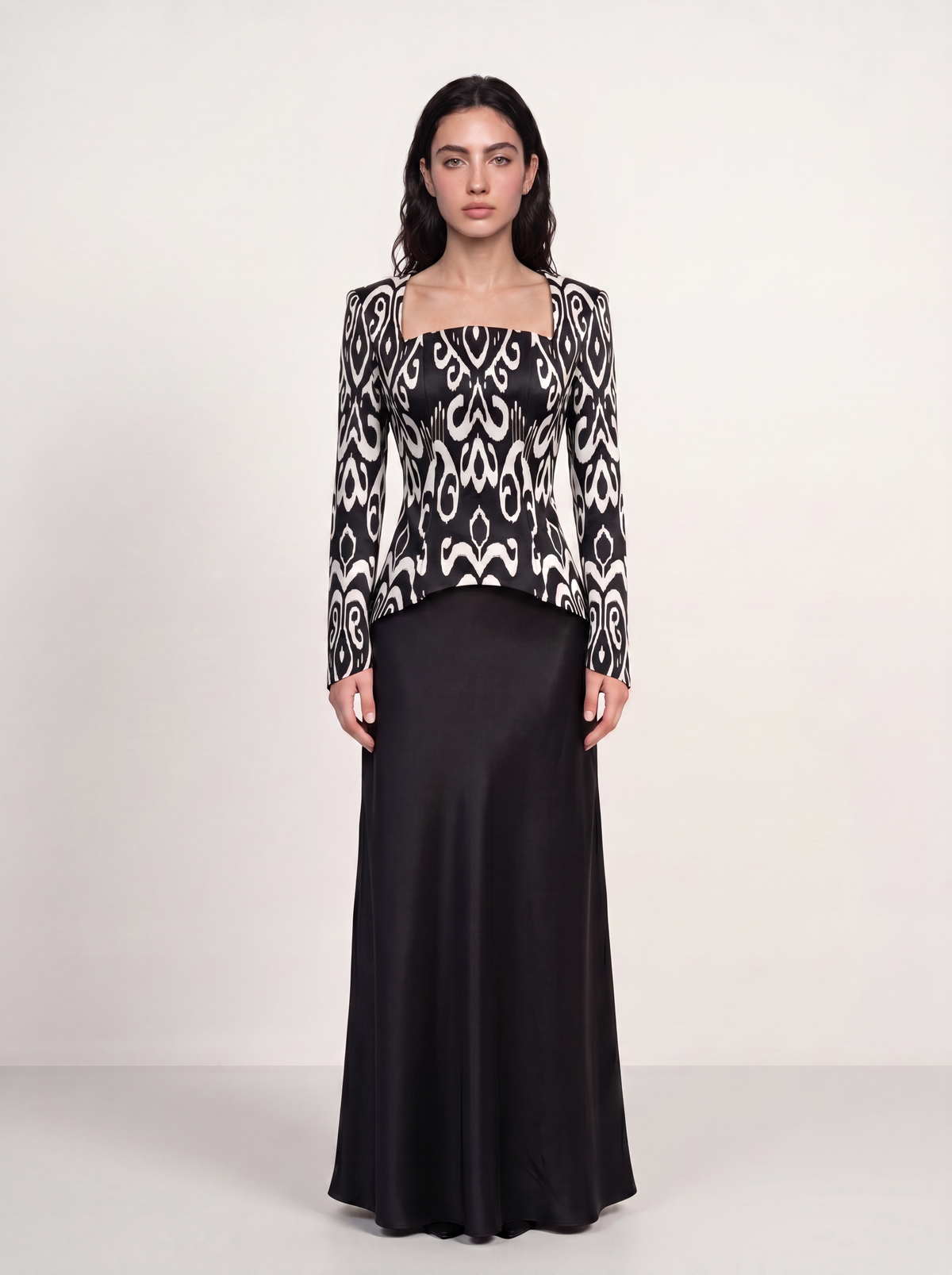 Sadri Couture Marvorid Top, an ikat-print structured top with a square neckline, front view.