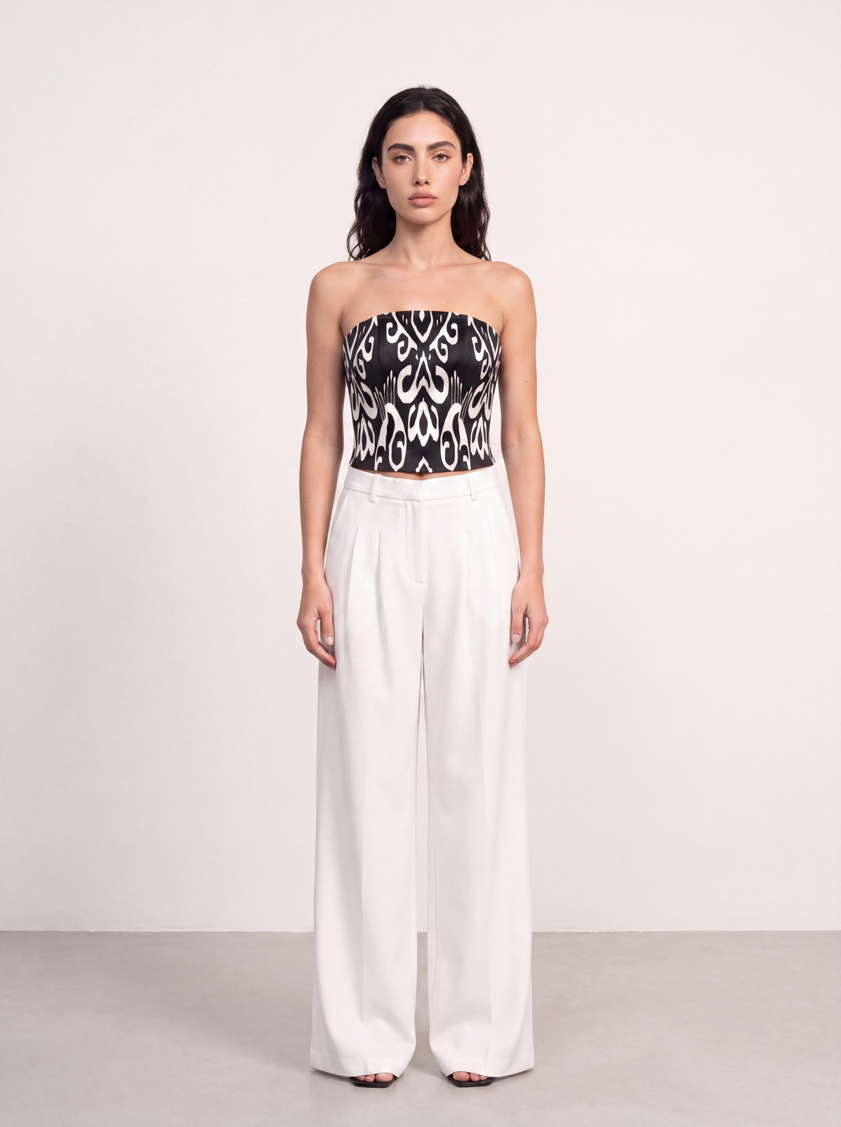 Sadri Couture Roya Pants, tailored crepe-back satin trousers, alternate front view.