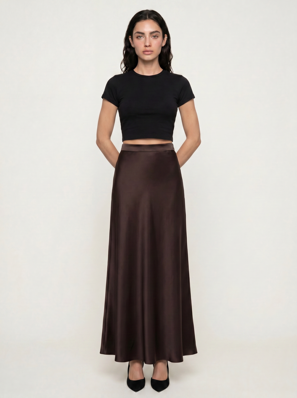 Sadri Couture Pari Skirt, a bias-cut crepe-back satin skirt, detail of trim and finishing.