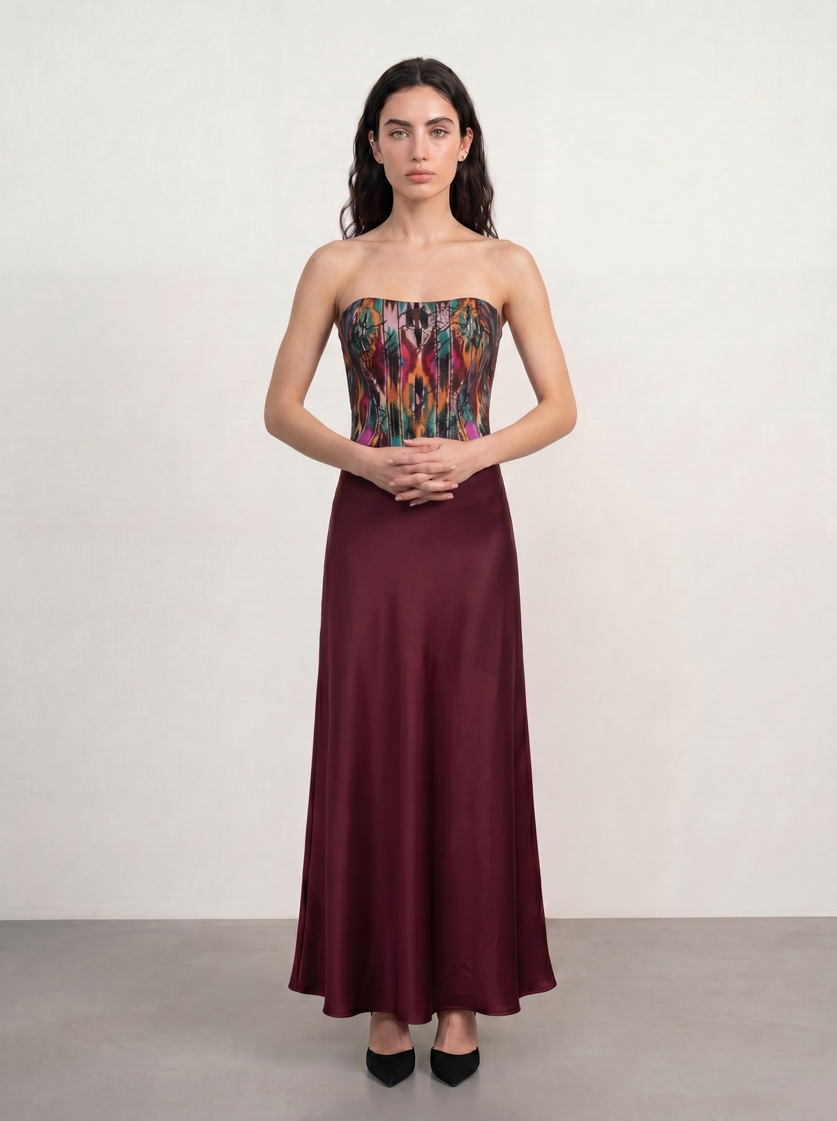 Sadri Couture Pari Skirt, a bias-cut crepe-back satin skirt, close-up of fabric and hardware detail.