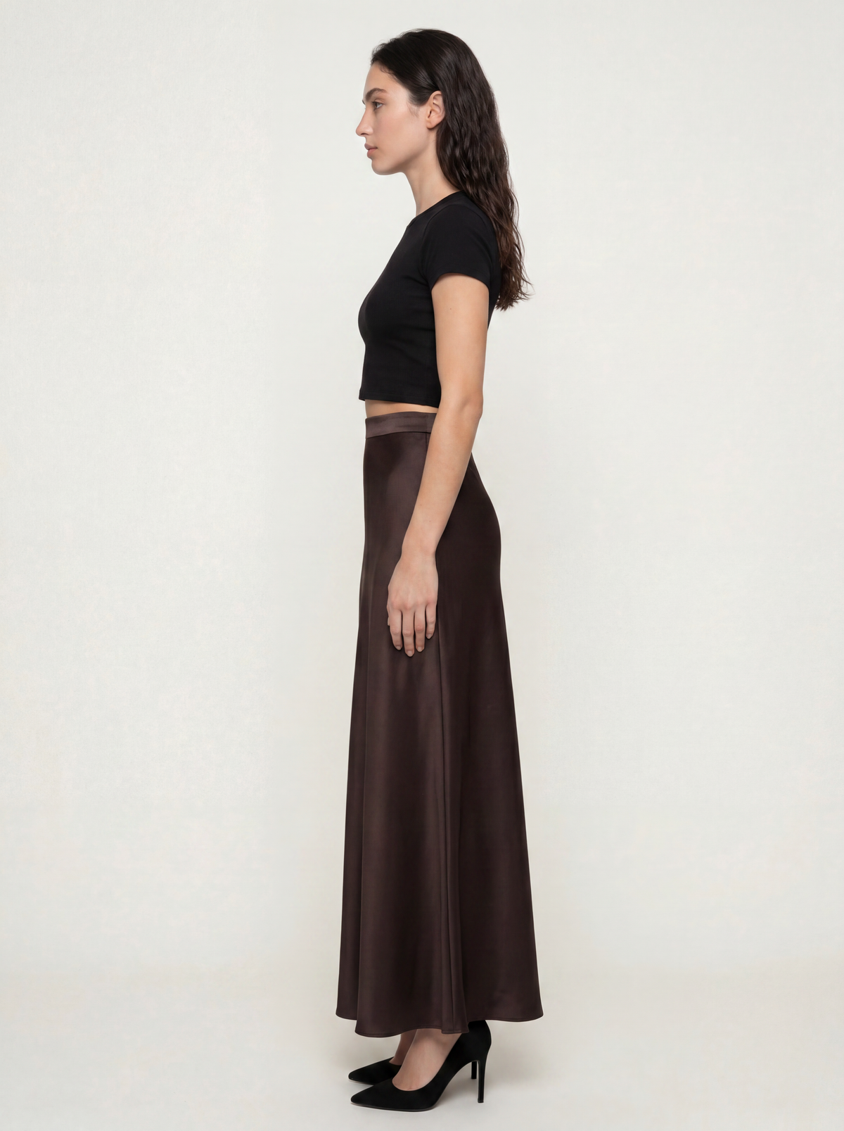 Sadri Couture Pari Skirt, a bias-cut crepe-back satin skirt, close-up of construction detail.