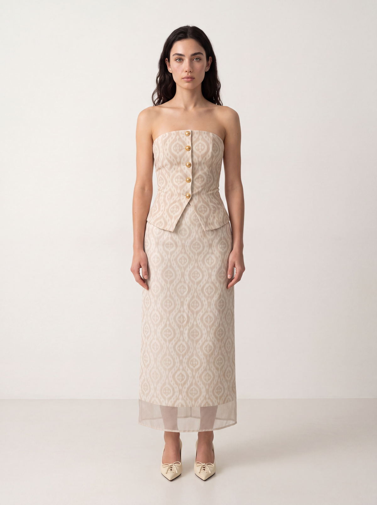 Sadri Couture Noor Ikat Corset, a sculpted tailored corset, front view.