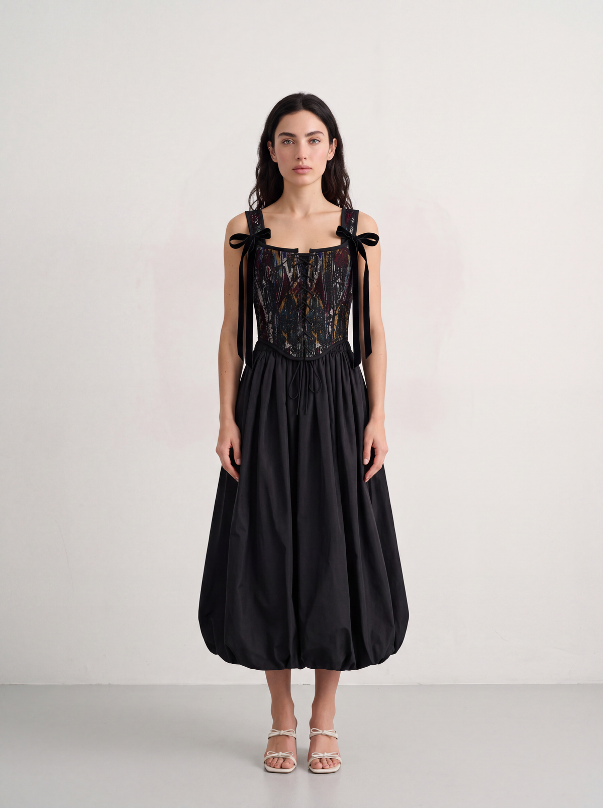 Sadri Couture Vintage Atlas Lace Corset in ikat atlas with French lace, front view.