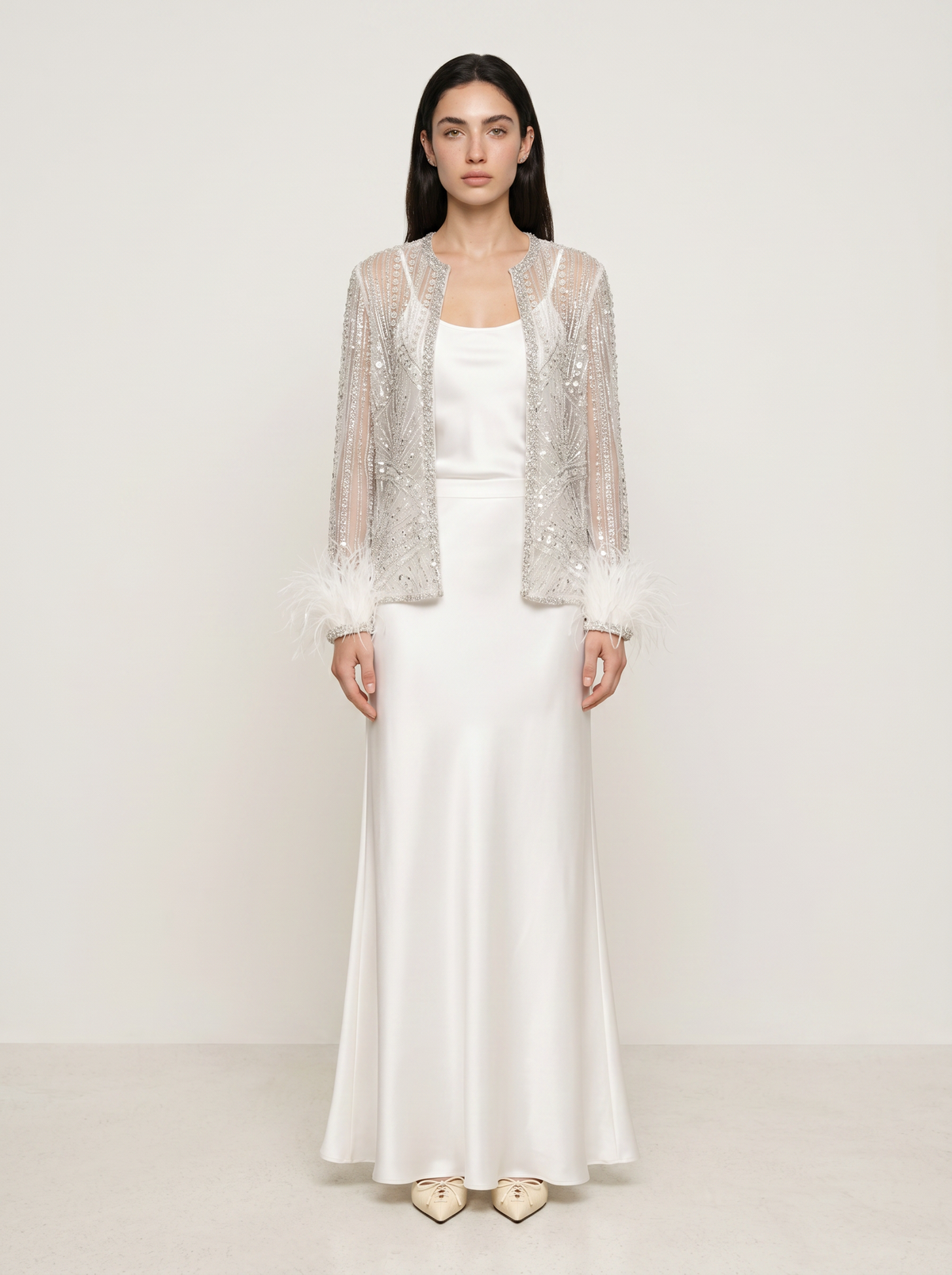 Sadri Couture Lumina Jacket in white with hand-embellished shimmering detail, front view.