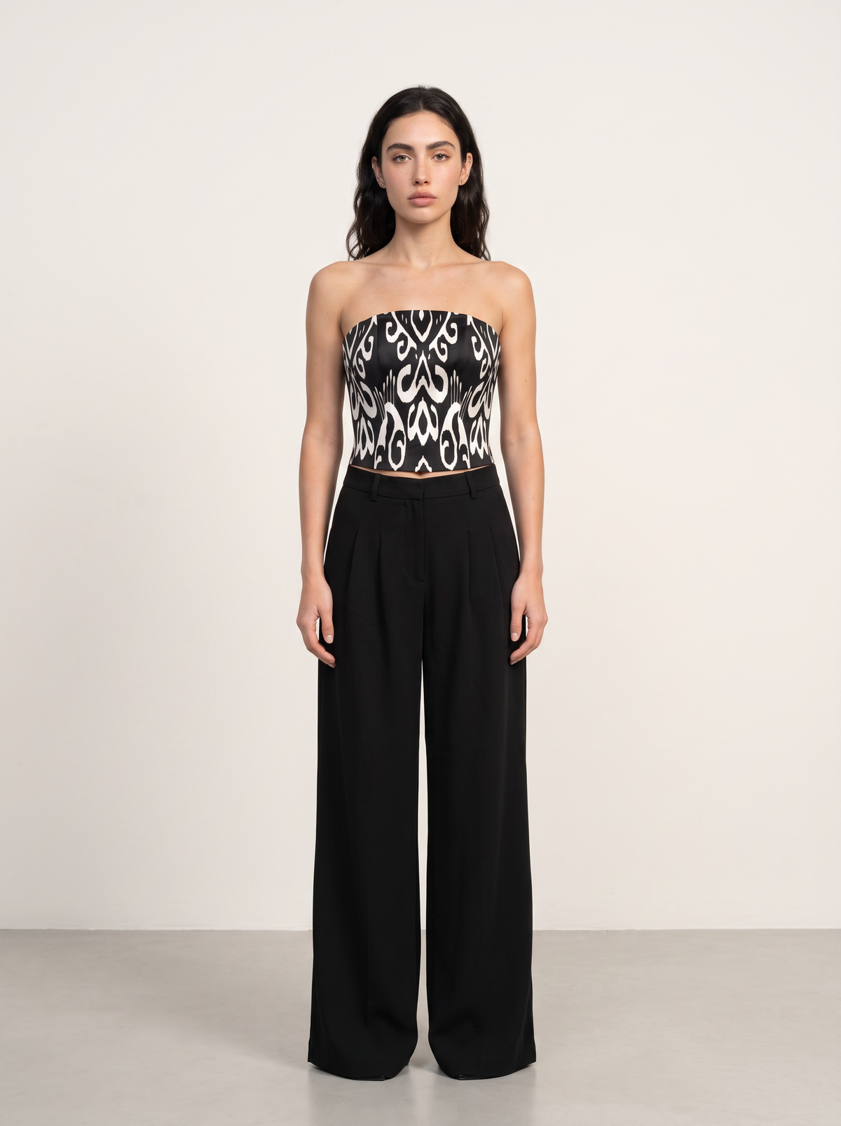 Sadri Couture Roya Pants, tailored crepe-back satin trousers, styled lifestyle photo.