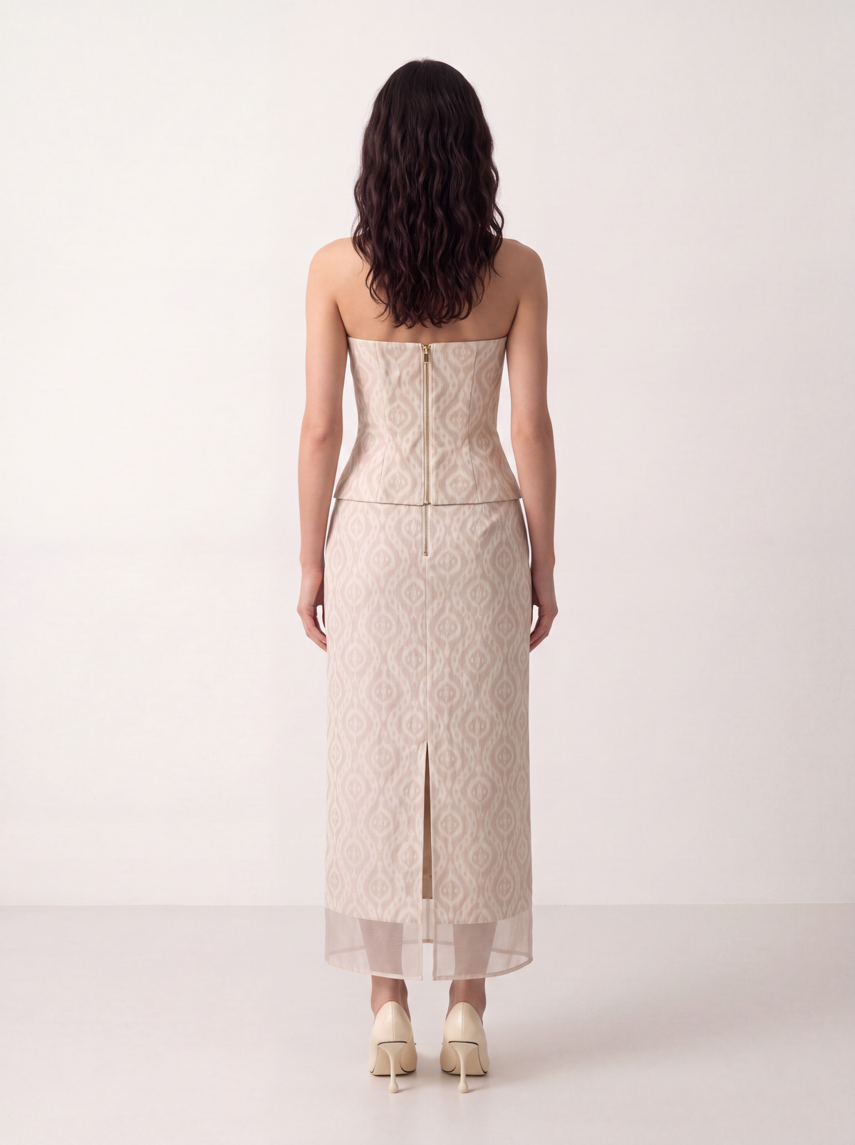Sadri Couture Noor Ikat Corset, a sculpted tailored corset, side detail view.