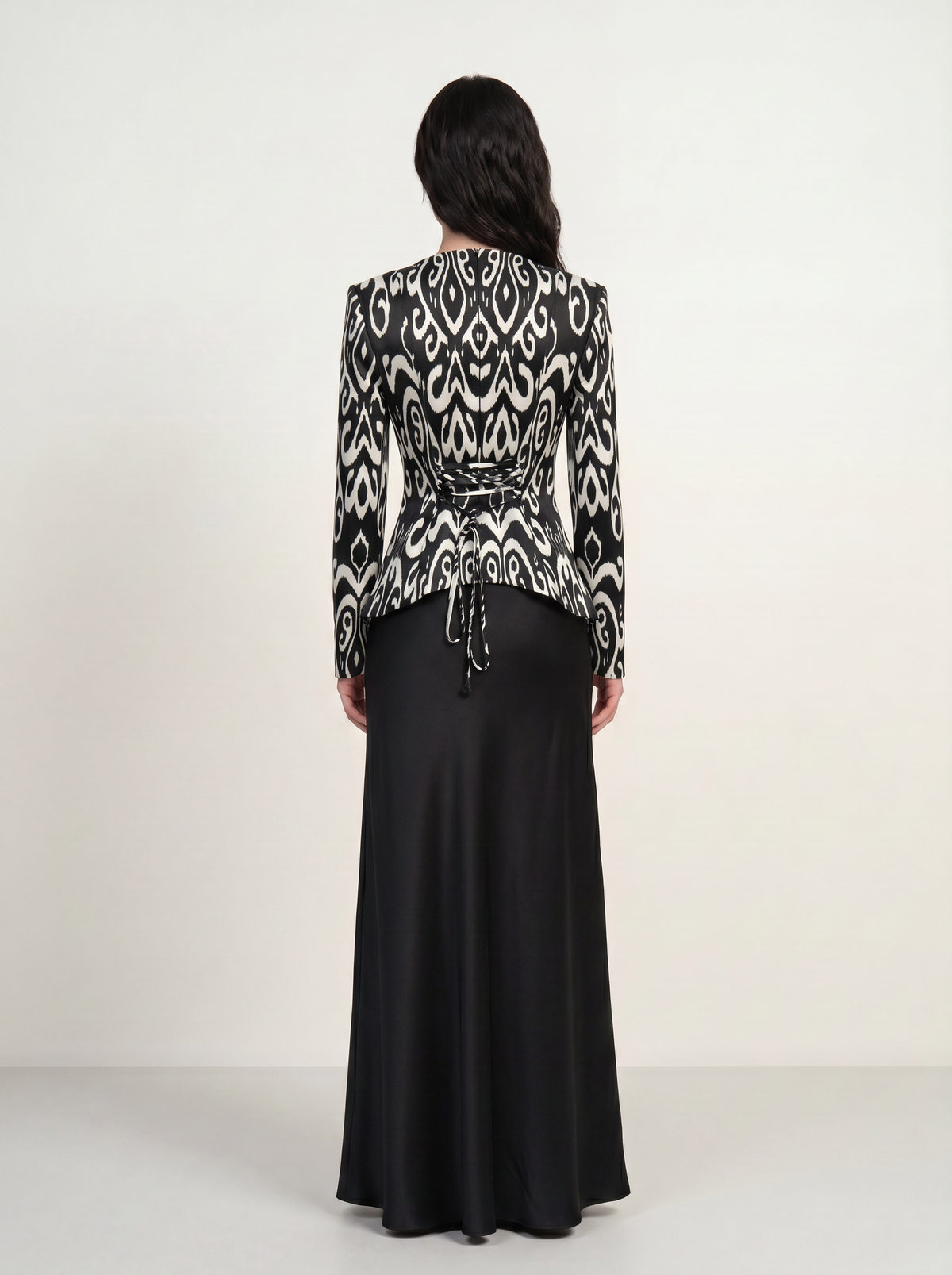 Sadri Couture Marvorid Top, an ikat-print structured top with a square neckline, styled lifestyle photo.