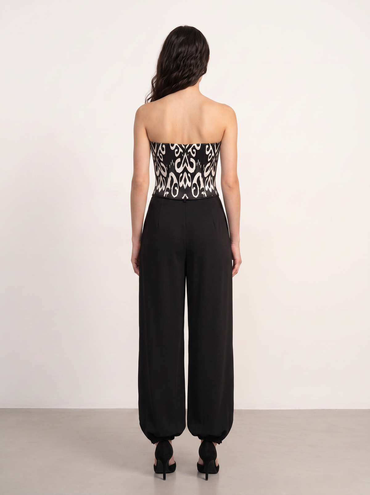 Sadri Couture Roya Pants, tailored crepe-back satin trousers, side detail view.