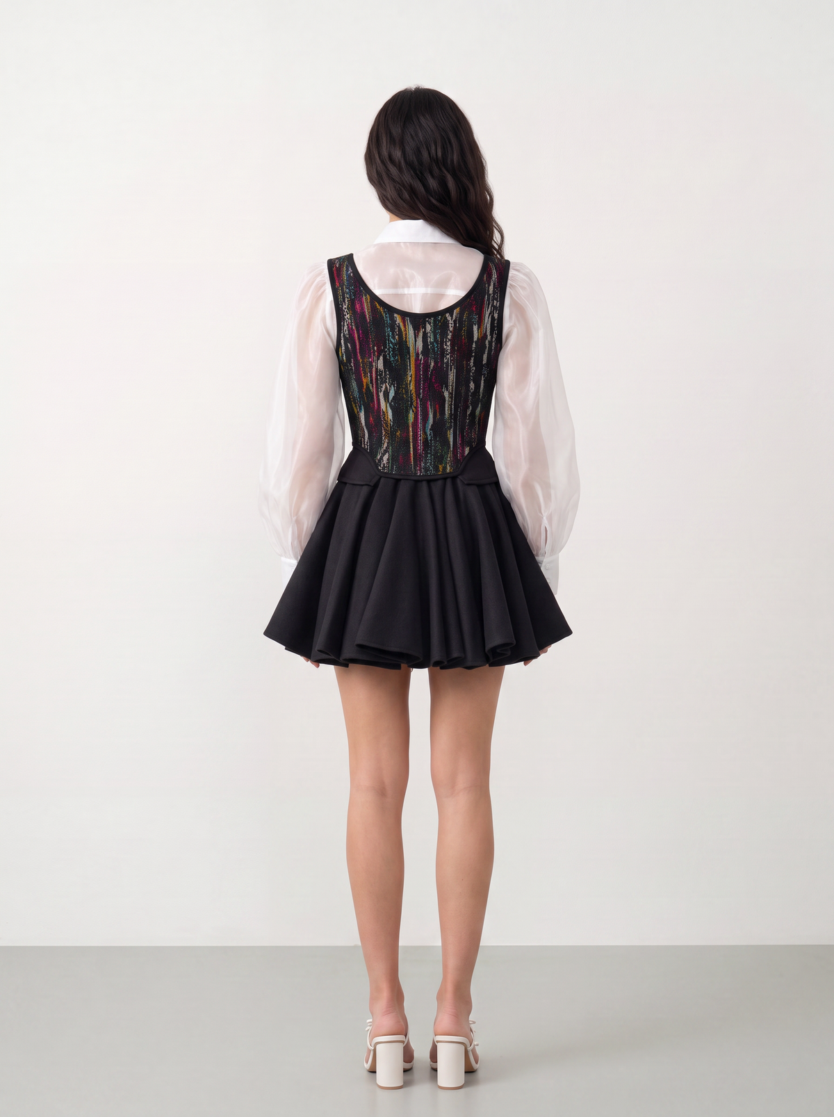 Sadri Couture Vintage Atlas Lace Corset in ikat atlas with French lace, detail of trim and finishing.