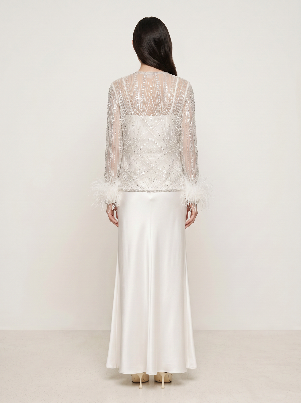 Sadri Couture Lumina Jacket in white with hand-embellished shimmering detail, side detail view.