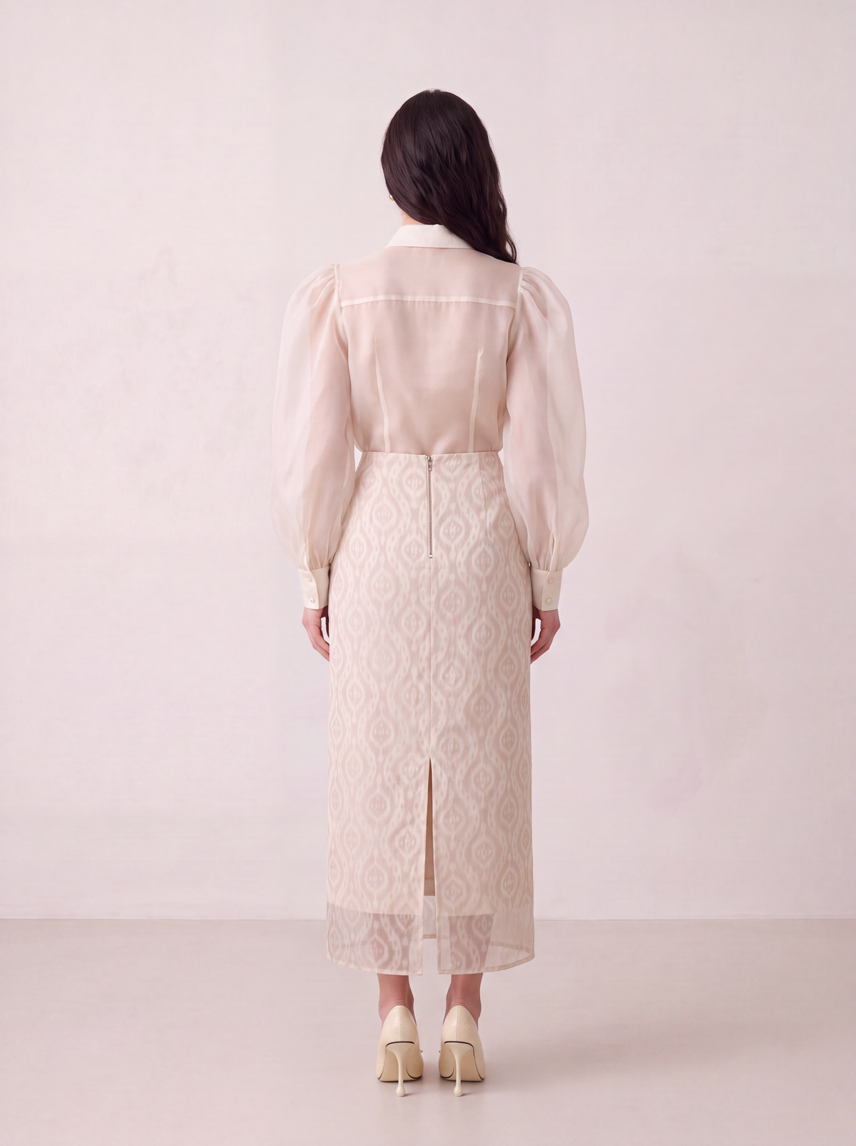 Sadri Couture Noor Ikat Skirt with sheer organza overlay, styled lifestyle photo.
