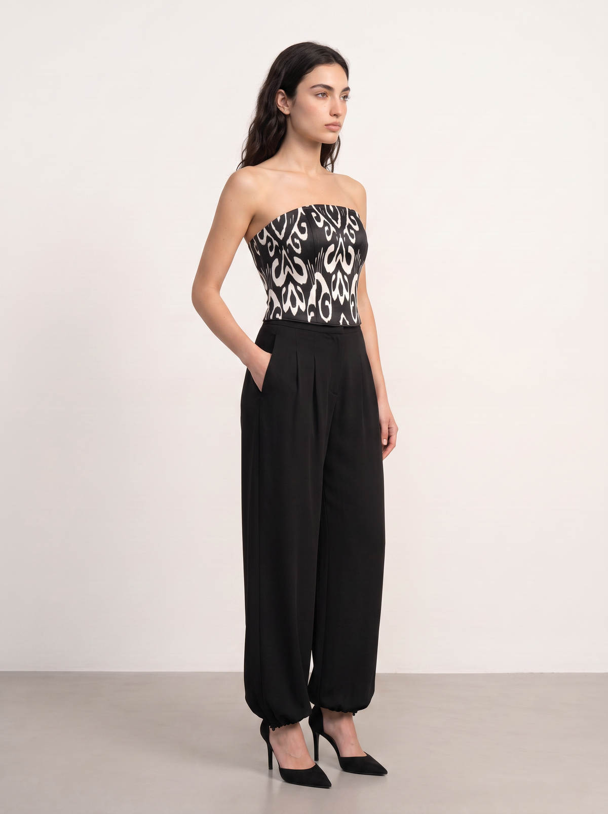 Sadri Couture Roya Pants, tailored crepe-back satin trousers, back view.
