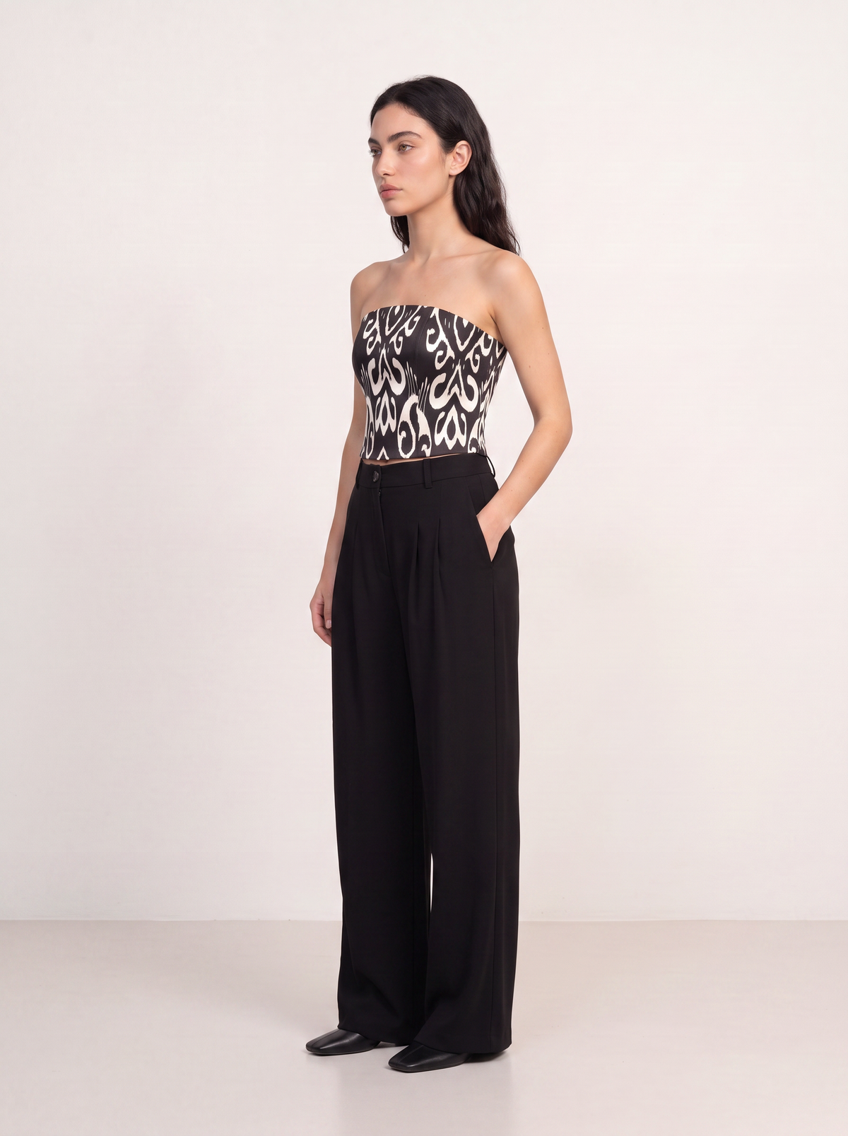 Sadri Couture Roya Pants, tailored crepe-back satin trousers, full-length styled photo.