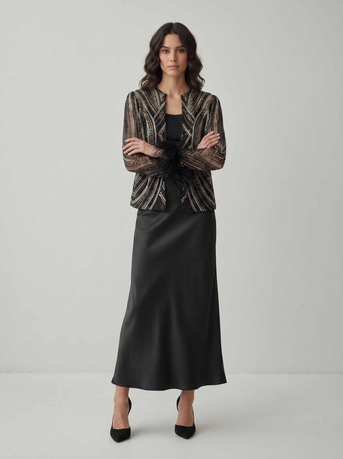 Sadri Couture Lumina Jacket with hand-applied beadwork and sequins, styled lifestyle photo.