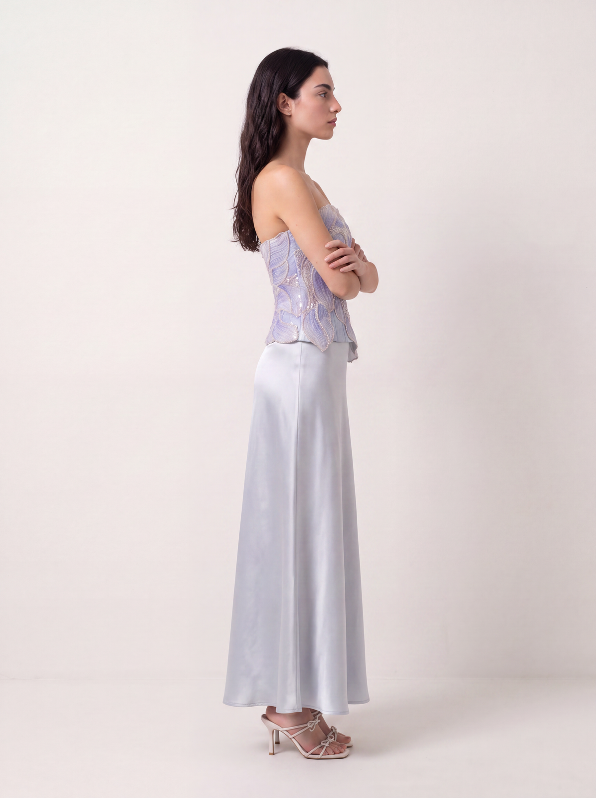 Sadri Couture Celeste Embellished Corset with hand-finished embellishment, close-up of fabric and hardware detail.