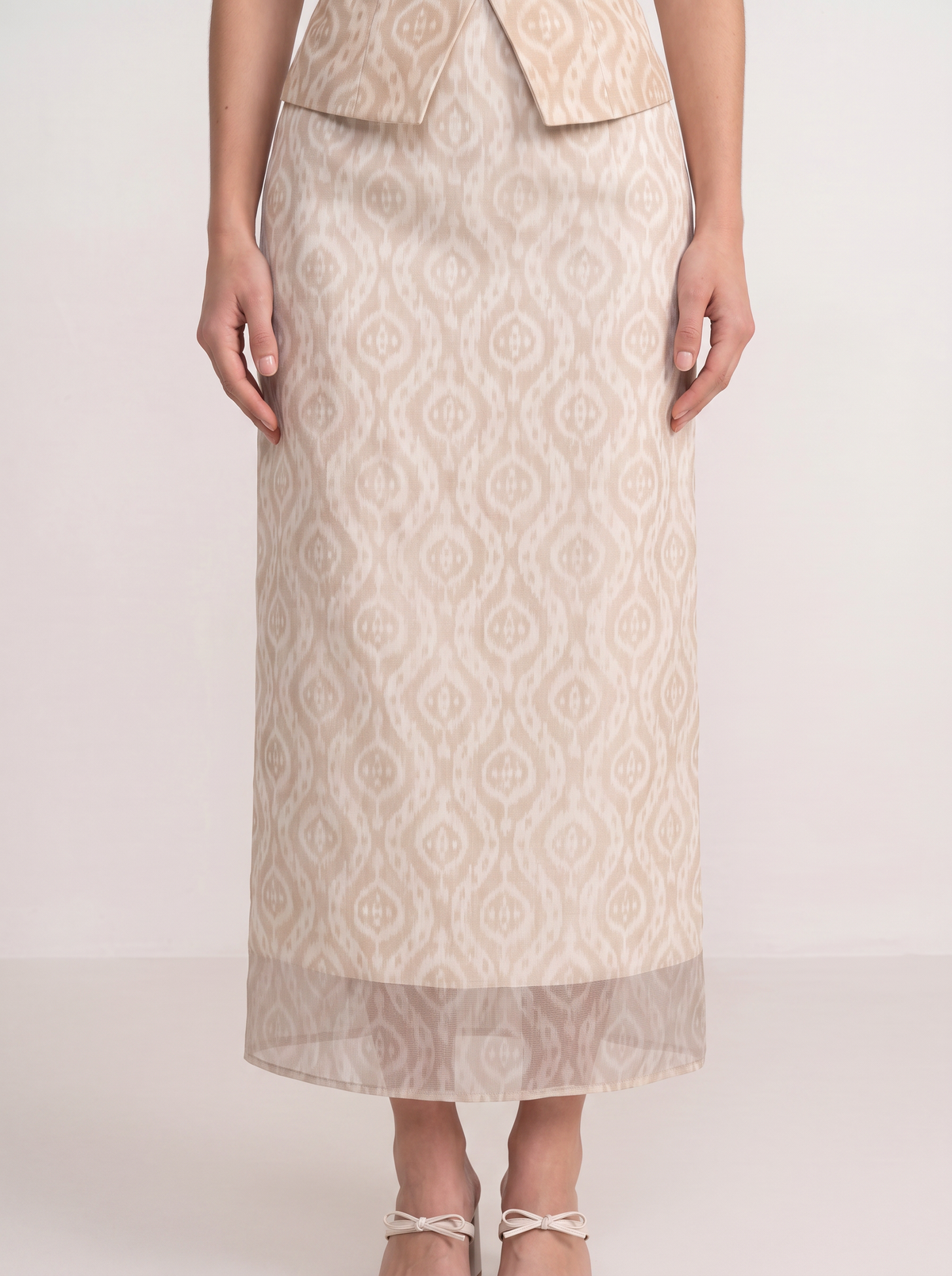 Sadri Couture Noor Ikat Skirt with sheer organza overlay, side detail view.